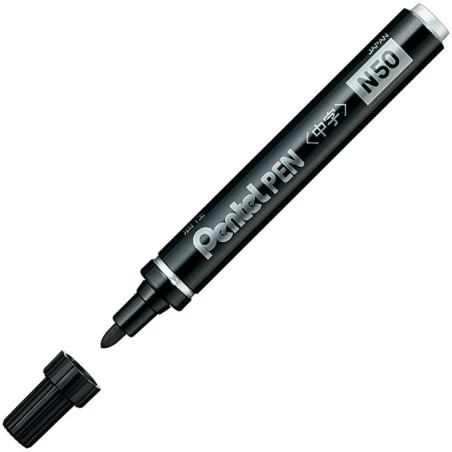 (N50-AE) PENTEL PEN N50-AE MARCADOR PERMANENTE CUERPO ALUMINIO NEGRO Y PUNTA MEDIA CONICA -12U-