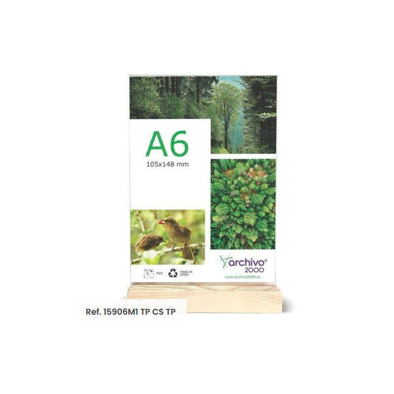 (15906M1 CS TP) ARCHIVO 2000 EXPOSITOR DE SOBREMESA SOSTENIBLE DOBLE CARA A6 VERTICAL METACRILATO CON BASE DE MADERA