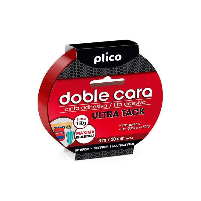 (13308) PLICO CINTA ADHESIVA TRANSPARENTE DOBLE CARA ULTRA TACK MULTIMATERIALES ROLLO 20MM X 3M