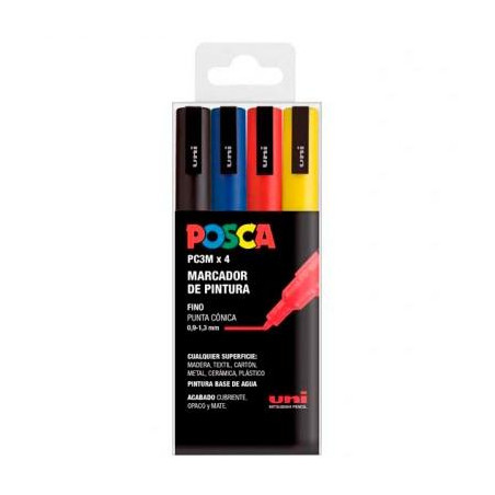 (182634672) POSCA MARCADOR  PC-3M/4C NO PERMANENTE PUNTA FINA 0.9MM-1.3MM COLORES SURTIDOS BASIC -ESTUCHE 4U-