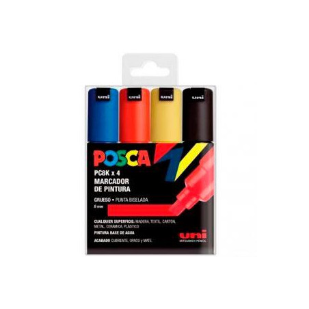 (182634676) POSCA MARCADOR  PC-8K/4C NO PERMANENTE PUNTA BISELADA 8.0MM COLORES SURTIDOS BASIC -ESTUCHE 4U-