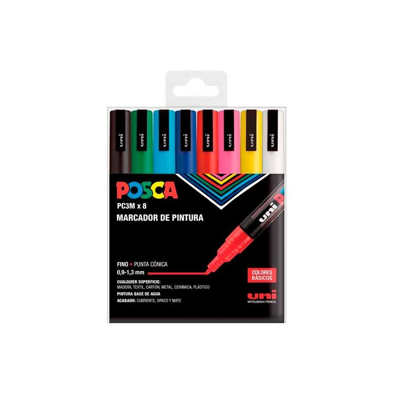 (182634670) POSCA MARCADOR  PC-3M/8C NO PERMANENTE PUNTA FINA 0.9MM-1.3MM COLORES SURTIDOS BASIC -ESTUCHE 8U-