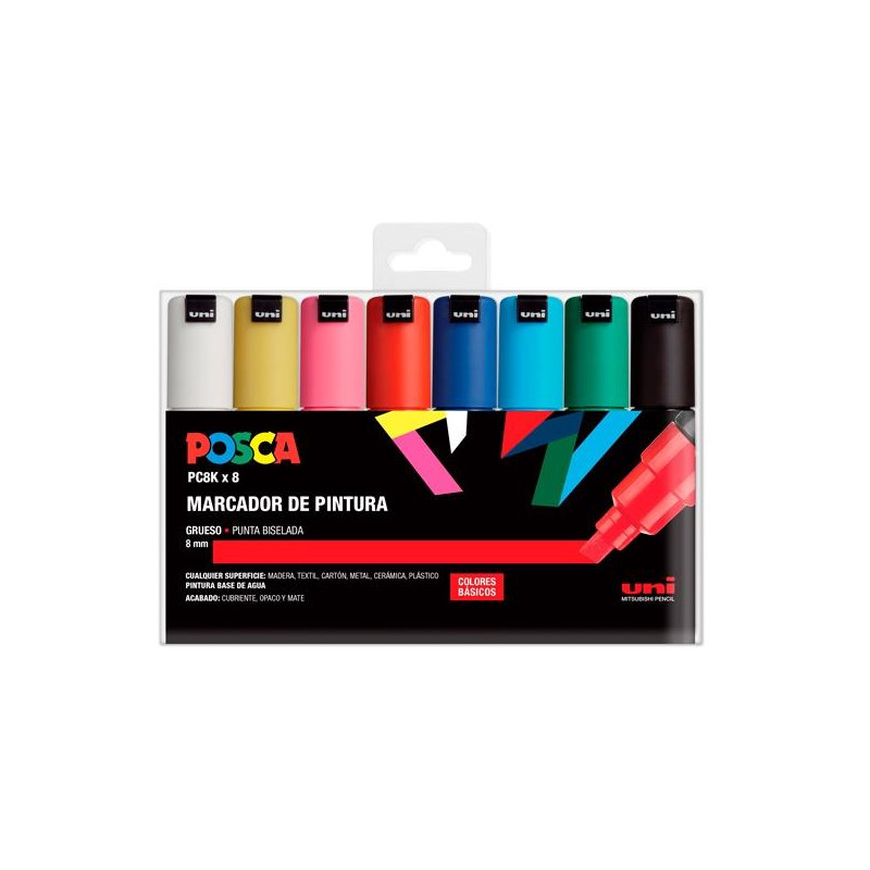 (182634675) POSCA MARCADOR  PC-8K/8C NO PERMANENTE PUNTA BISELADA 8.0MM COLORES SURTIDOS BASIC -ESTUCHE 8U-