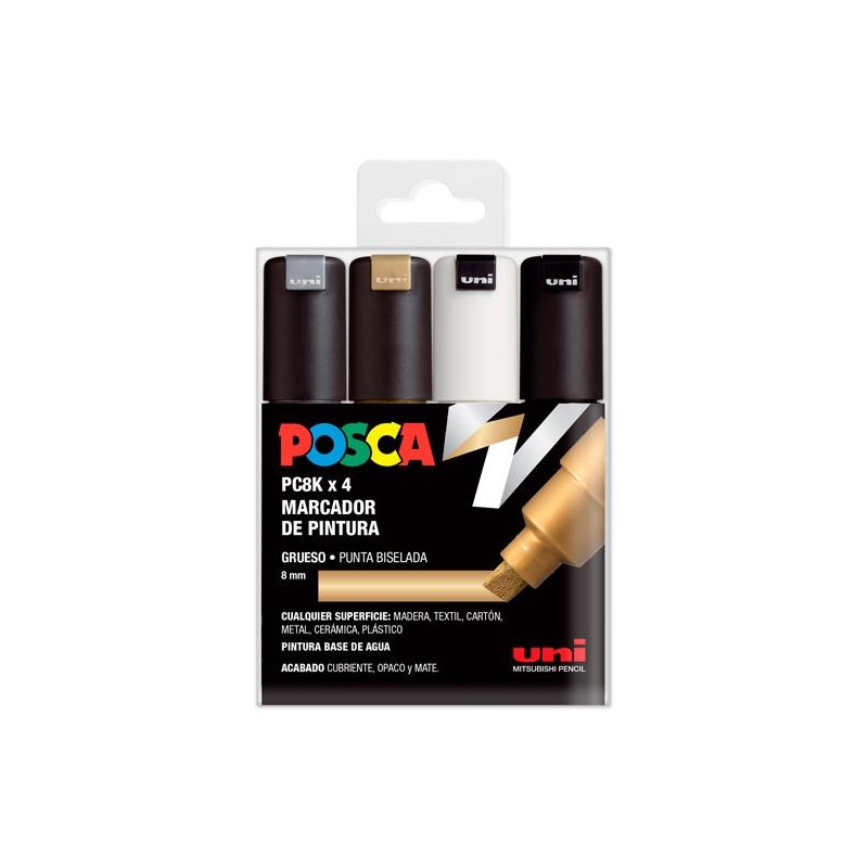 (182634677) POSCA MARCADOR  PC-8K/4C NO PERMANENTE PUNTA BISELADA 8.0MM COLORES SURTIDOS GSWB -ESTUCHE 4U-