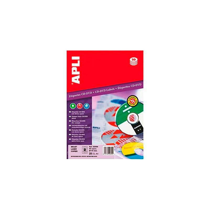 (02899) APLI ETIQUETAS ADHESIVAS PARA CD-DVD TAMAÑO CLÁSICO INKJET/LÁSER 2 X 25H DORSO OPACO (02899) APLI ETIQUETAS ADHESIVAS PARA CD-DVD TAMAÑO CLÁSICO INKJET/LÁSER 2 X 25H DORSO OPACO