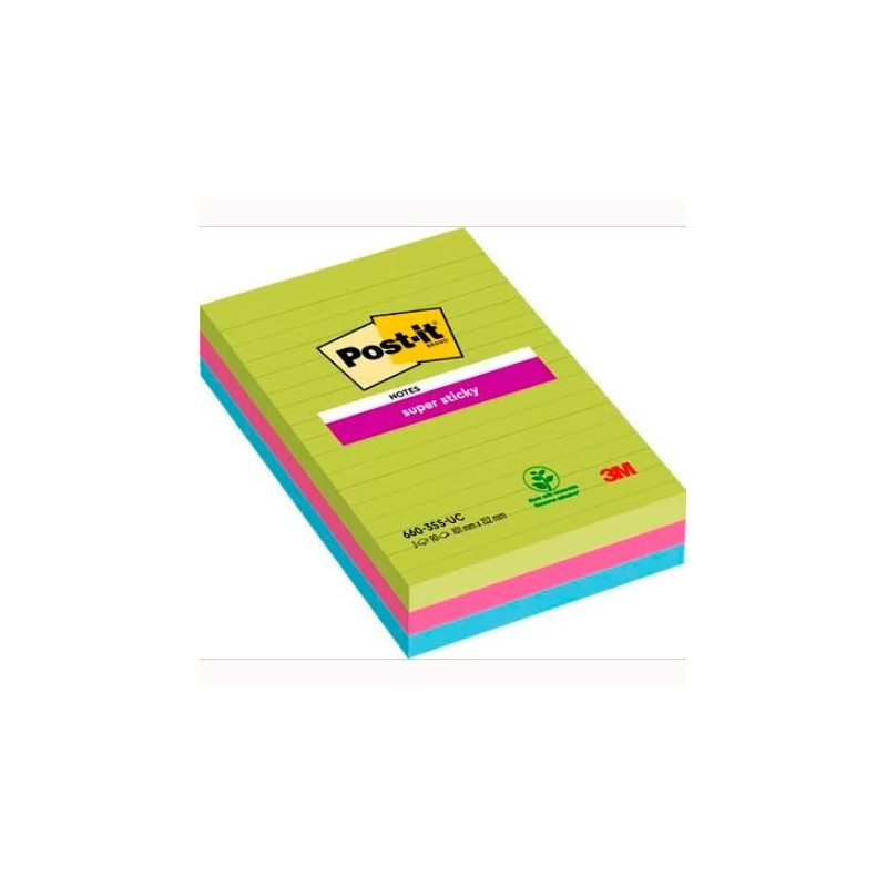 (7100235020) POST-IT BLOC NOTAS ADHESIVAS SUPER STICKY CON LÍNEAS 90H FORMATO GRANDE 102X152 C/SURTIDOS PAQUETE 3 UD