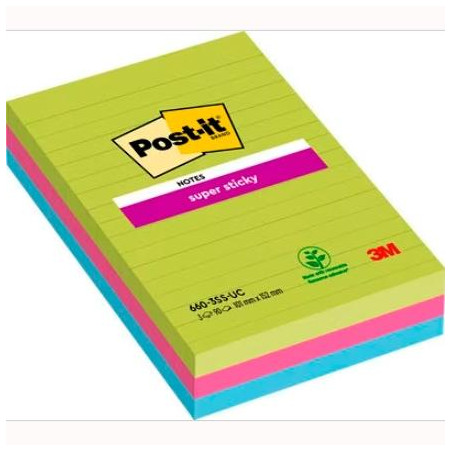 (7100235020) POST-IT BLOC NOTAS ADHESIVAS SUPER STICKY CON LÍNEAS 90H FORMATO GRANDE 102X152 C/SURTIDOS PAQUETE 3 UD