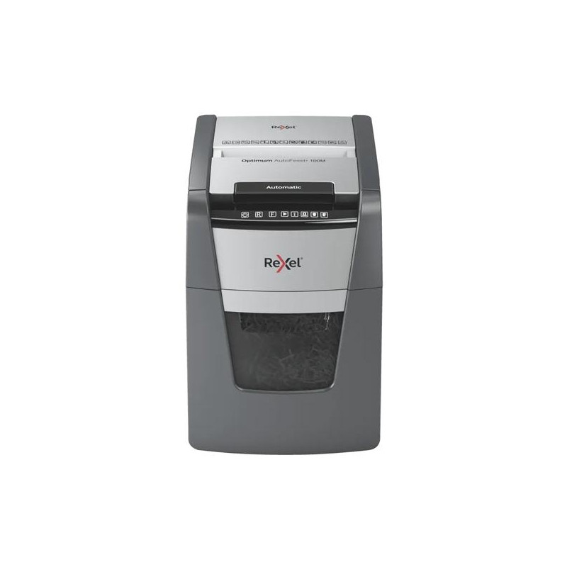 (2020100MEU) REXEL DESTRUCTORA AUTOMÁTICA OPTIMUM AUTOFEED 100M CORTE PARTÍCULAS P-5 (2X15 MM) ANTIATASCO NEGRO