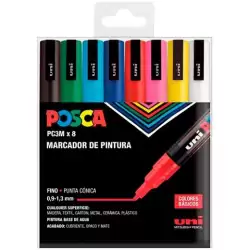 (182634670) POSCA MARCADOR  PC-3M/8C NO PERMANENTE PUNTA FINA 0.9MM-1.3MM COLORES SURTIDOS BASIC -ESTUCHE 8U-