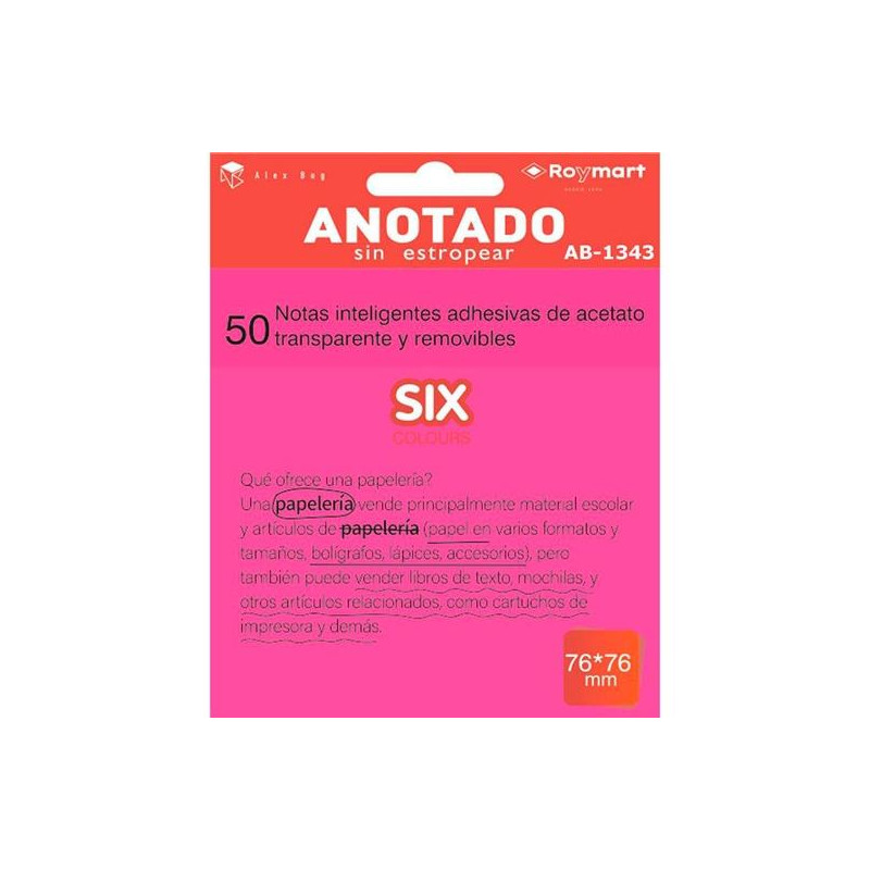 (AB-1343) ROYMART BLOC NOTAS ADHESIVAS INTELIGENTES REMOVIBLES 50H 76X76 ACETATO TRANSPARENTE ROSA FLUORESCENTE
