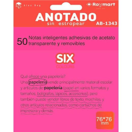(AB-1343) ROYMART BLOC NOTAS ADHESIVAS INTELIGENTES REMOVIBLES 50H 76X76 ACETATO TRANSPARENTE ROSA FLUORESCENTE