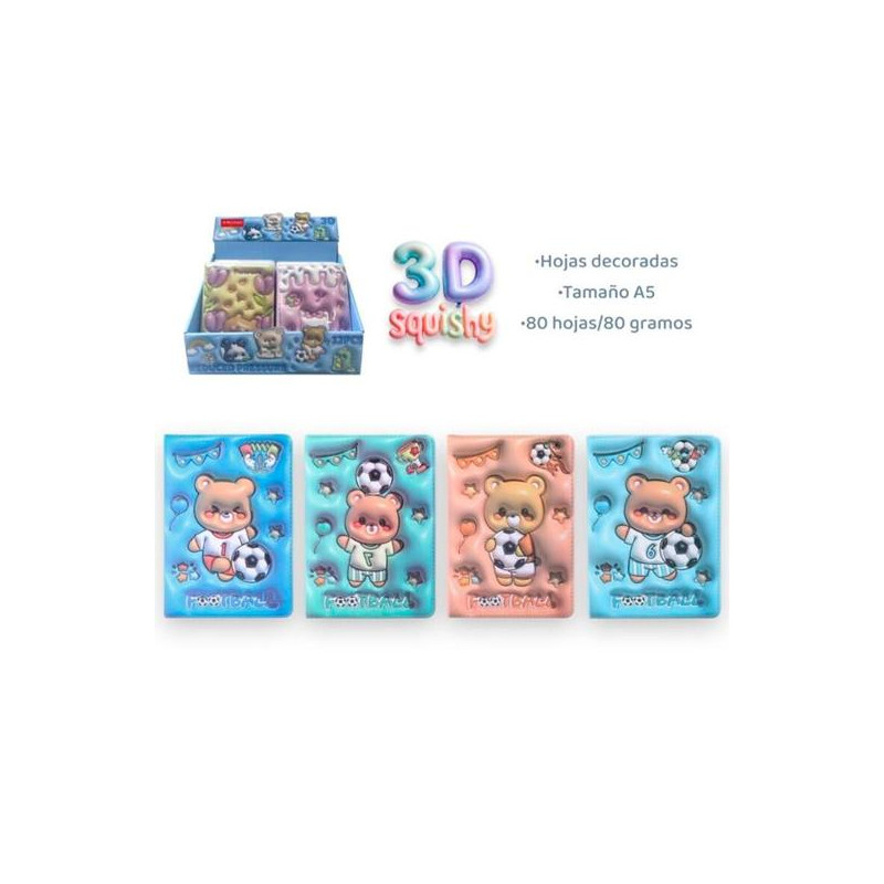 (EBW-5616) ROYMART LIBRETAS 3D FUTBOL AND BEAR 80H DECORADAS A5 80GR 4 DISEÑOS EXPOSITOR 12 UD