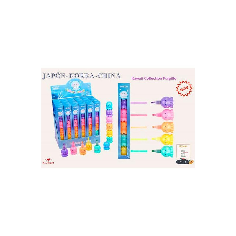 (EKW-003) ROYMART MARCADORES PULPILLOS KAWAII SET DE 5 EXPOSITOR DE 24 C/SURTIDOS