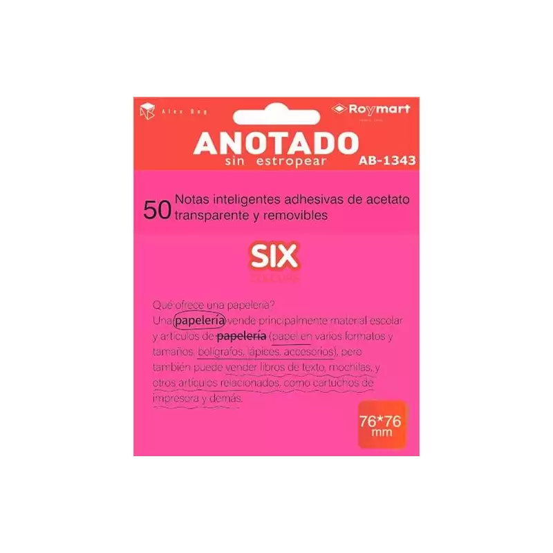 (AB-1343) ROYMART BLOC NOTAS ADHESIVAS INTELIGENTES REMOVIBLES 50H 76X76 ACETATO TRANSPARENTE ROSA FLUORESCENTE