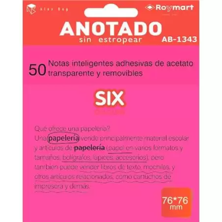 (AB-1343) ROYMART BLOC NOTAS ADHESIVAS INTELIGENTES REMOVIBLES 50H 76X76 ACETATO TRANSPARENTE ROSA FLUORESCENTE