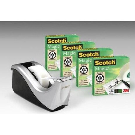(7100040322) SCOTCH DISPENSADOR C60 NEGO/PLATA + 4 ROLLOS CINTA SCOTCH MAGIC 19MMX33M
