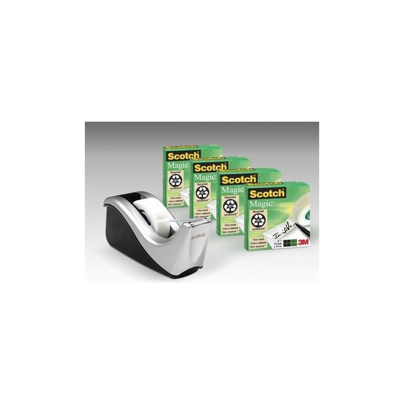 (7100040322) SCOTCH DISPENSADOR C60 NEGO/PLATA + 4 ROLLOS CINTA SCOTCH MAGIC 19MMX33M