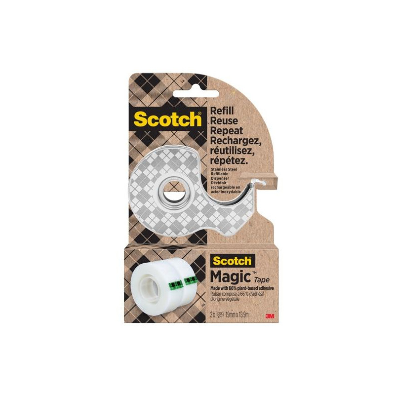 (7100334048) SCOTCH DISPENSADOR DE ACERO INOXIDABLE RECARGABLE PARA CINTA ADHESIVA + 2 ROLLOS DE 19MMX13