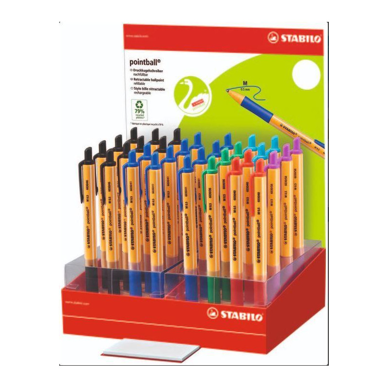(6030/32-1) STABILO POINTBALL BOLÍGRAFO RETRÁCTIL RECARGABLE 6 COLORES SURTIDOS - EXPOSITOR DE 32U