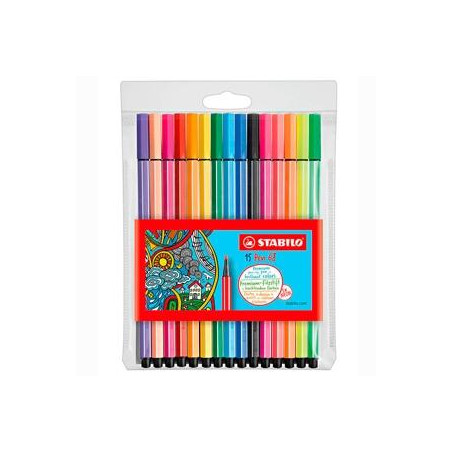 (6815-2) STABILO ROTULADORES PEN 68 COLORES SURTIDOS 10 ESTÁNDAR + 5 NEÓN ESTUCHE 15 UD
