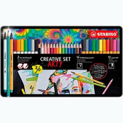 (87/3193) STABILO ROTULADORES CREATIVE SET ARTY C/SURTIDOS 12 POINT 88 + 8 PEN 68 BRUSH + 16 AQUACOLOR CAJA DE METAL 36 UD