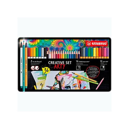 (87/3193) STABILO ROTULADORES CREATIVE SET ARTY C/SURTIDOS 12 POINT 88 + 8 PEN 68 BRUSH + 16 AQUACOLOR CAJA DE METAL 36 UD