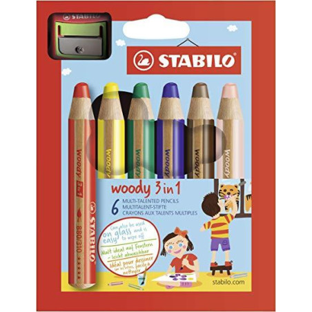 (8806-2) STABILO LÁPICES DE COLORES WOODY 3 EN 1 C/SURTIDOS ESTUCHE 6 UD + 1 SACAPUNTAS