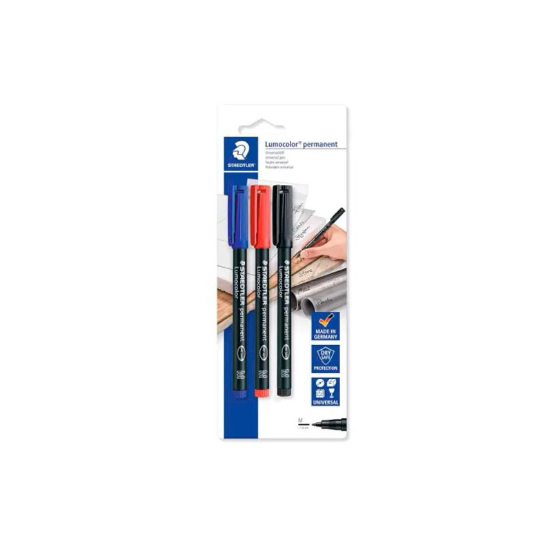 (317-S BK3D) STAEDTLER ROTULADOR PERMANENTE LUMOCOLOR 317-S AZUL/NEGRO/ROJO BLÍSTER 3U