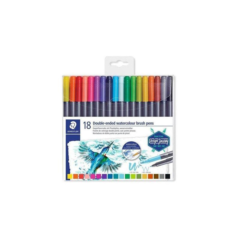(3001 TB18) STAEDTLER ROTULADORES DESIGN JOURNEY DOBLE PUNTA FINA/PINCEL ACUARELABLES C/SURTIDOS ESTUCHE 18 UD