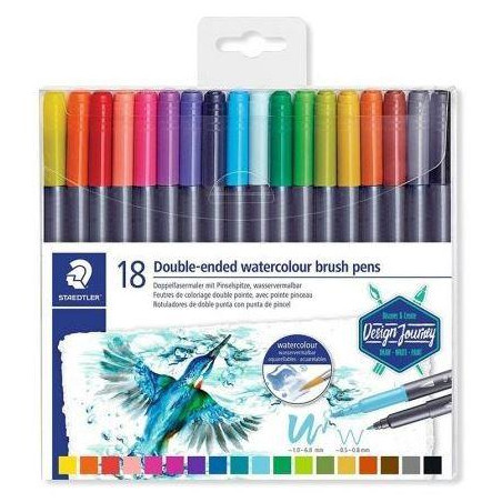 (3001 TB18) STAEDTLER ROTULADORES DESIGN JOURNEY DOBLE PUNTA FINA/PINCEL ACUARELABLES C/SURTIDOS ESTUCHE 18 UD
