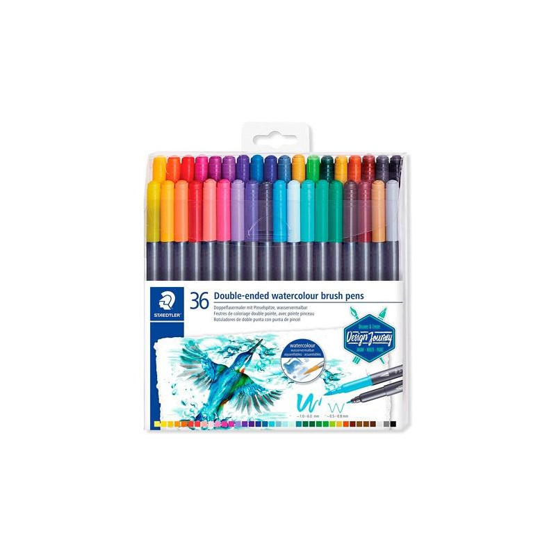 (3001 TB36) STAEDTLER ROTULADORES DESIGN JOURNEY DOBLE PUNTA FINA/PINCEL ACUARELABLES C/SURTIDOS ESTUCHE 36 UD