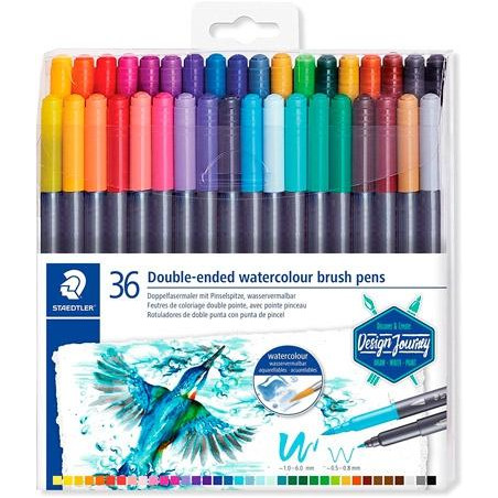 (3001 TB36) STAEDTLER ROTULADORES DESIGN JOURNEY DOBLE PUNTA FINA/PINCEL ACUARELABLES C/SURTIDOS ESTUCHE 36 UD