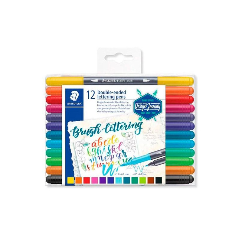 (3004 TB12) STAEDTLER ROTULADORES BRUSH LETTERING DOBLE PUNTA FINA/PINCEL C/SURTIDOS ESTUCHE 12 UD