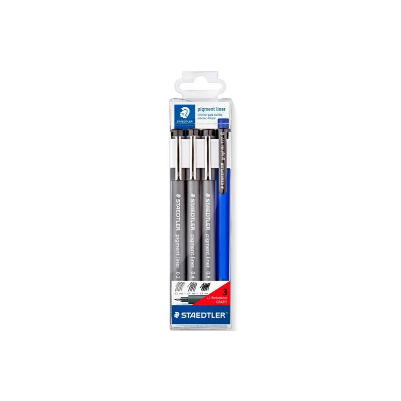 (308 S1WP3) STAEDTLER ROTULADOR PIGMENT LINER NEGRO ESTUCHE 3 UD + 1 PORTAMINAS DE REGALO