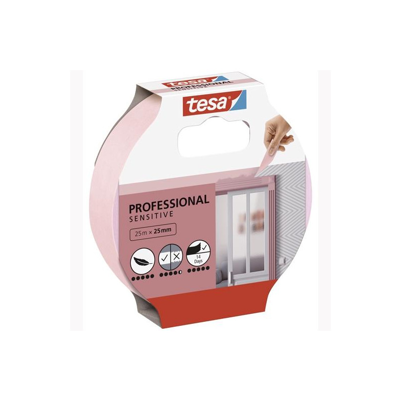 (56260-00001-02) TESA CINTA ADHESIVA DE ENMASCARAR PROFESSIONAL SENSITIVE PARA PINTOR ROLLO 25MX25MM ROSA