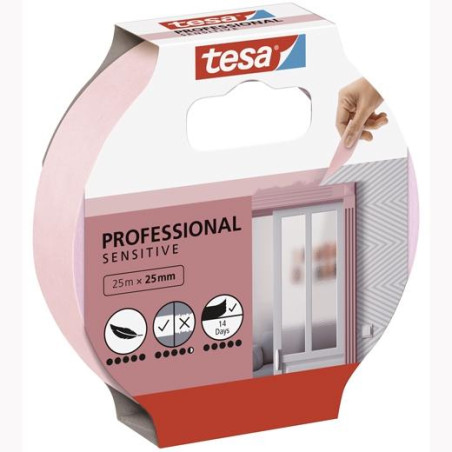 (56260-00001-02) TESA CINTA ADHESIVA DE ENMASCARAR PROFESSIONAL SENSITIVE PARA PINTOR ROLLO 25MX25MM ROSA