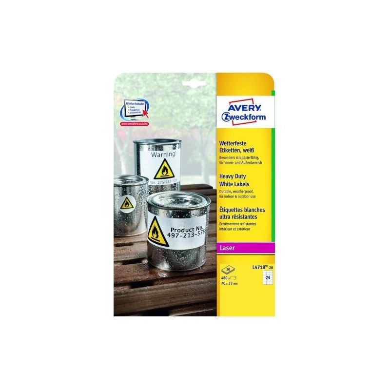 (L4718-20) AVERY ETIQUETAS ADHESIVAS EXTRA RESISTENTES 70X37MM LÁSER 24 X 20H POLIÉSTER BLANCO