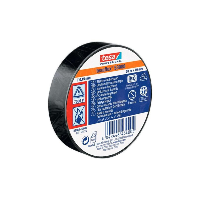 (53988-00001-11) TESA CINTA AISLANTE ELÉCTRICA PROFESSIONAL 20M X 19MM NEGRO