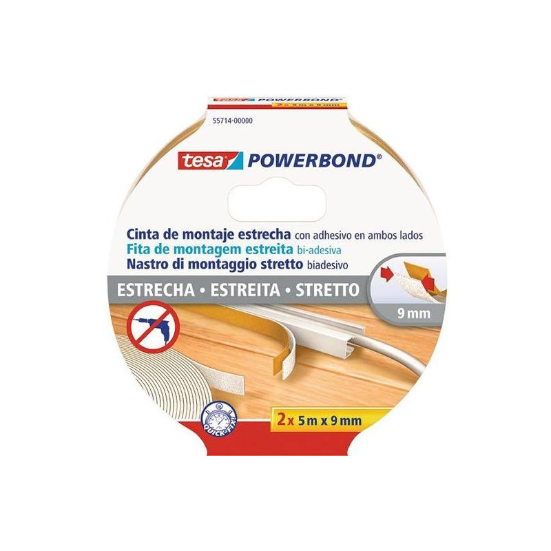 (55714-00000-02) TESA CINTA ADHESIVA DE MONTAJE ESTRECHA DOBLE CARA POWERBOND 2 ROLLOS 9MM X 5M TRANSPARENTE
