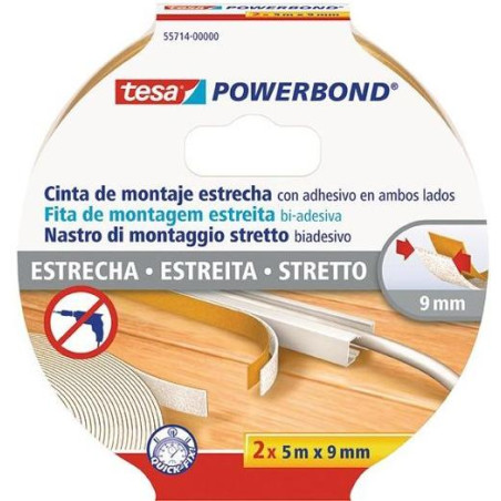 (55714-00000-02) TESA CINTA ADHESIVA DE MONTAJE ESTRECHA DOBLE CARA POWERBOND 2 ROLLOS 9MM X 5M TRANSPARENTE