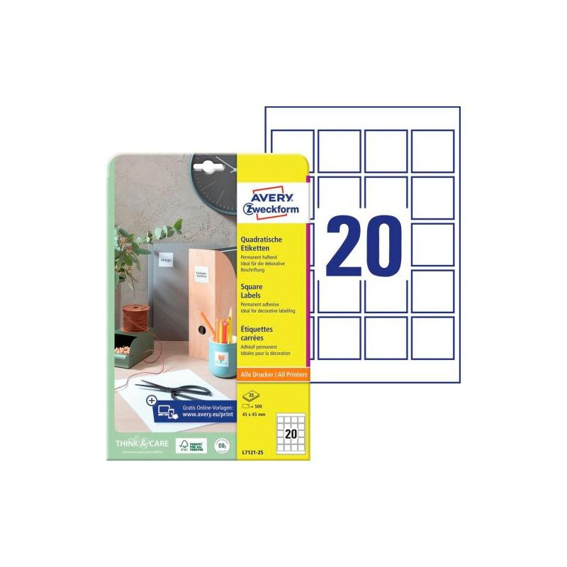 (L7121-25) AVERY ETIQUETAS ADHESIVAS PARA CÓDIGOS QR 45X45MM INKJET/LÁSER 20 X 25H BLANCO