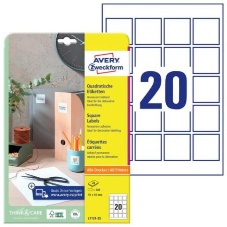 (L7121-25) AVERY ETIQUETAS ADHESIVAS PARA CÓDIGOS QR 45X45MM INKJET/LÁSER 20 X 25H BLANCO