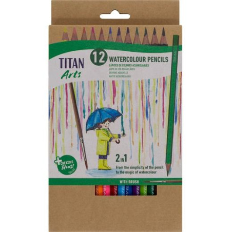 (130120012) TITAN ARTS LÁPICES DE COLORES ACUARELABLES SURTIDOS ESTUCHE 12 UD + PINCEL