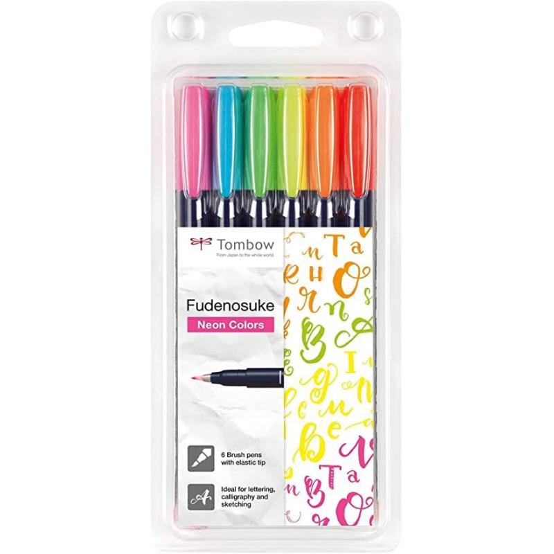 (WS-BH-6P) TOMBOW FUDENOSUKE ROTULADORES CALIGRAFÍA PUNTA ELÁSTICA DURA C/SURTIDOS NEÓN ESTUCHE 6 UD
