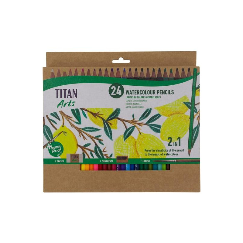 (130120024) TITAN ARTS LÁPICES DE COLORES ACUARELABLES SURTIDOS ESTUCHE 24 UD + PINCEL + GOMA + SACAPUNTAS