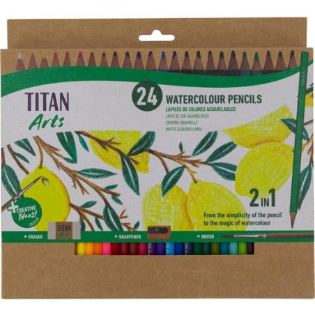 (130120024) TITAN ARTS LÁPICES DE COLORES ACUARELABLES SURTIDOS ESTUCHE 24 UD + PINCEL + GOMA + SACAPUNTAS