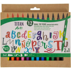 (130500012) TITAN ARTS ROTULADORES DOBLE PUNTA FINA/PINCEL COLORES SURTIDOS ESTUCHE 12 UD