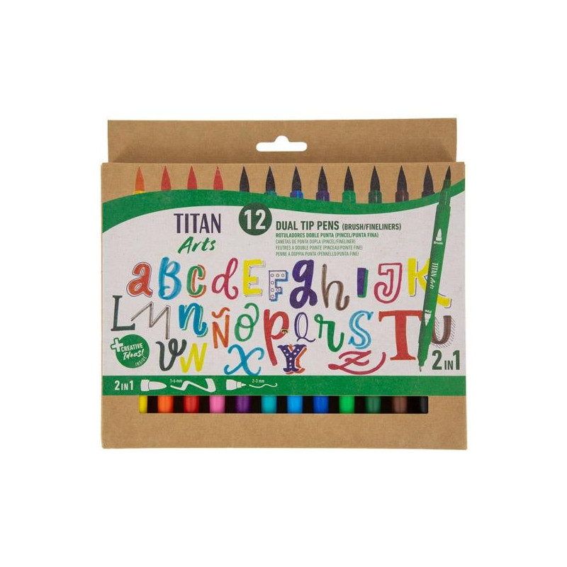 (130500012) TITAN ARTS ROTULADORES DOBLE PUNTA FINA/PINCEL COLORES SURTIDOS ESTUCHE 12 UD