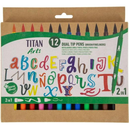 (130500012) TITAN ARTS ROTULADORES DOBLE PUNTA FINA/PINCEL COLORES SURTIDOS ESTUCHE 12 UD