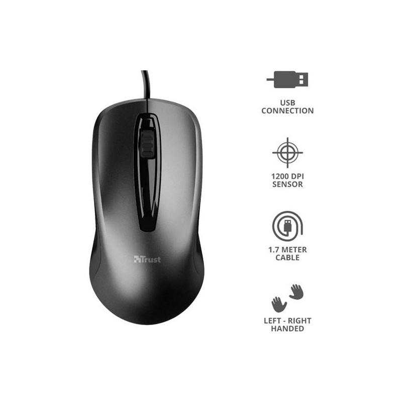 (23733) TRUST RATÓN CARVE CABLE USB 1200DPI AMBIDIESTRO 3 BOTONES NEGRO